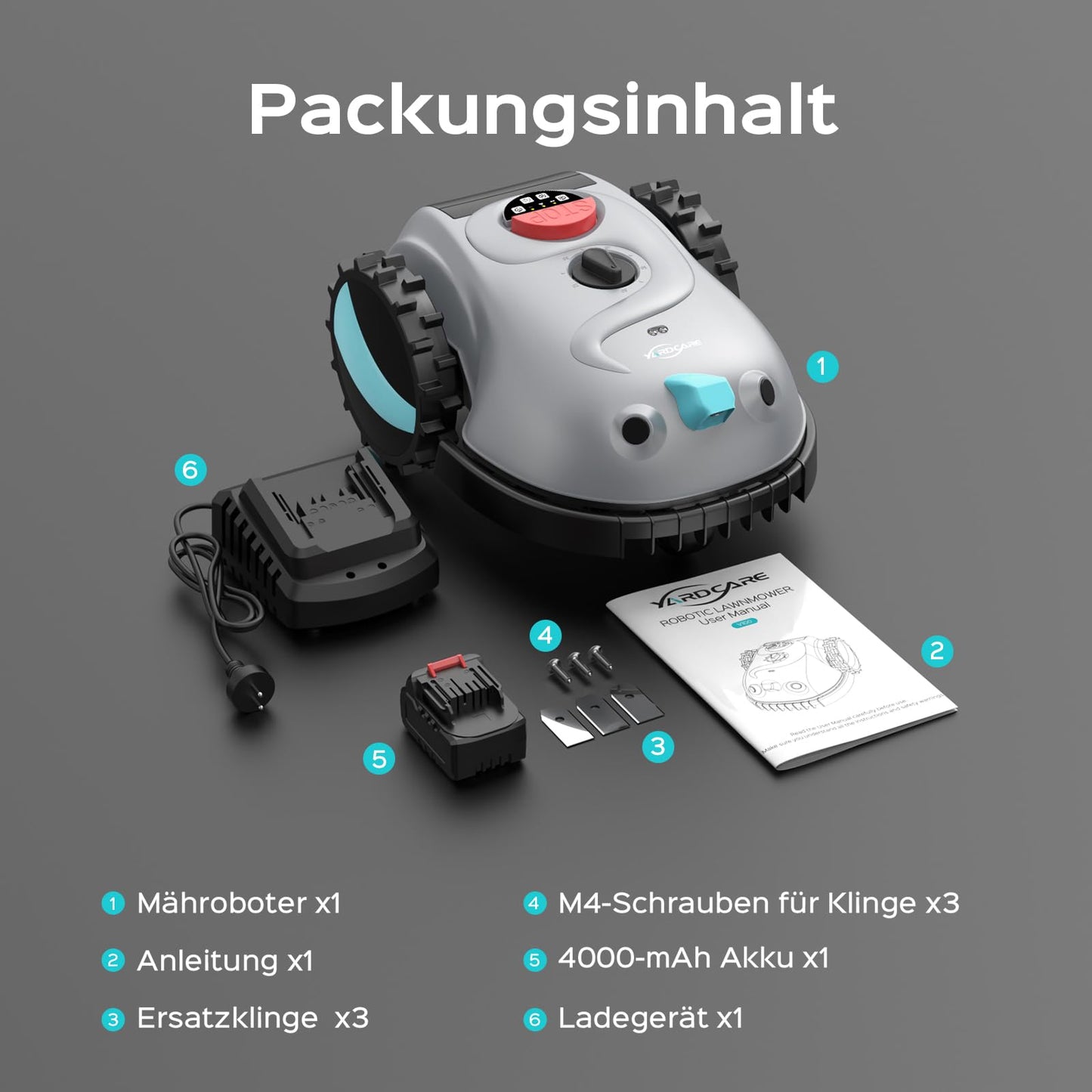 YARDCARE V100 Mähroboter ohne Begrenzungskabel, Vision-Navigation, 150-fache Hindernisvermeidung, 4 Ah Akku, mit Graskamm & Ersatzklingen