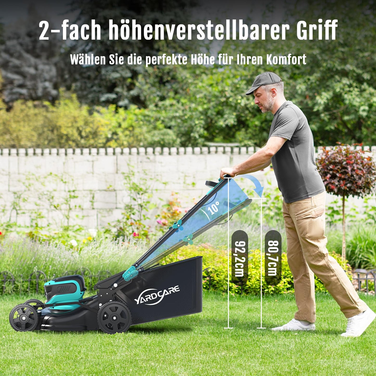 YARDCARE Akku-Rasenmäher 36V, bis 675 m², 41 cm Schnittbreite, Mulchkeil & 45L Fangsack, 7-fach höhenverstellbar, inkl. 2 Akkus & 2 Ladegeräte