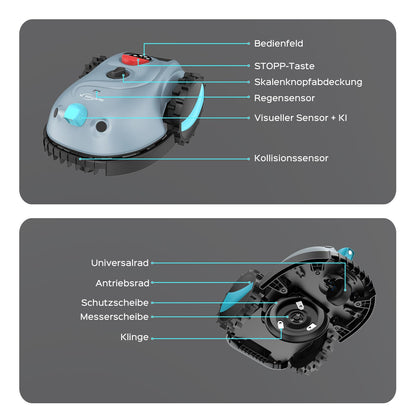 YARDCARE V100 Mähroboter ohne Begrenzungskabel, Vision-Navigation, 150 Hindernistypen, 4,0 Ah Akku, mit Graskamm & Ersatzklingen